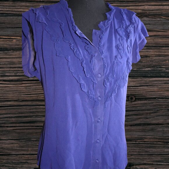 Club Monaco Tops - Club Monaco, Vibrant Purple/Blue Button-down Blouse, Ruffled Collar, Size Medium